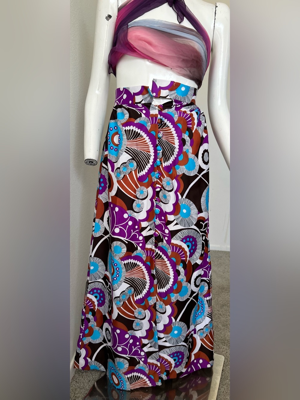 Vibrant Vintage Floral Asymmetrical 60s/70s  Maxi Skirt- CUTE!